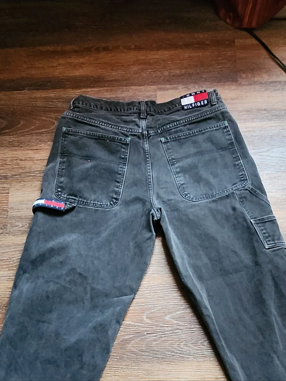 VTG Y2K TOMMY HILFIGER Baggy Wide Leg Carpenter Black Jeans Raw Hem Sz W36x32